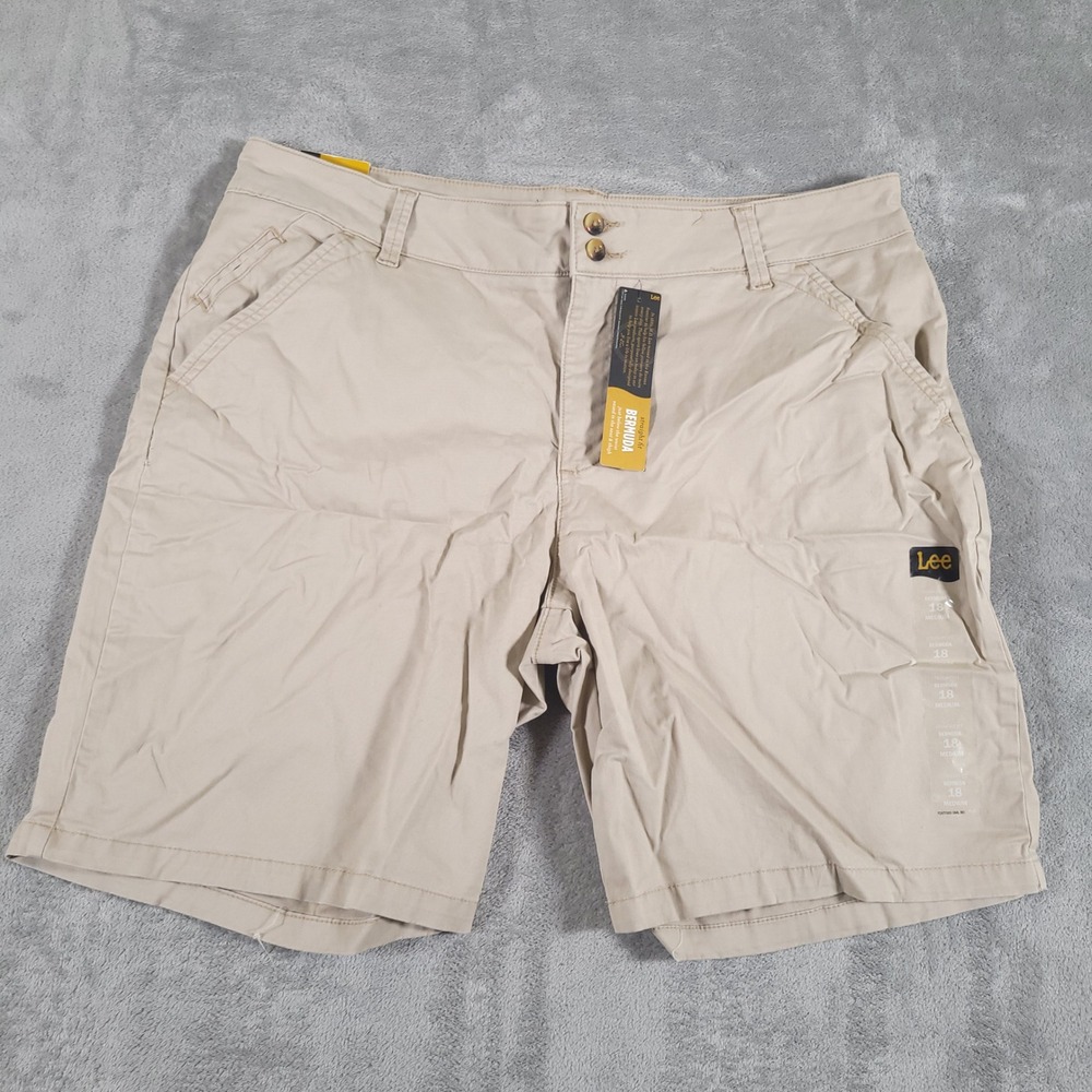 Lee Shorts Women 18 Khaki Bermuda Straight Fit Stretch Cotton Casual Khaki New